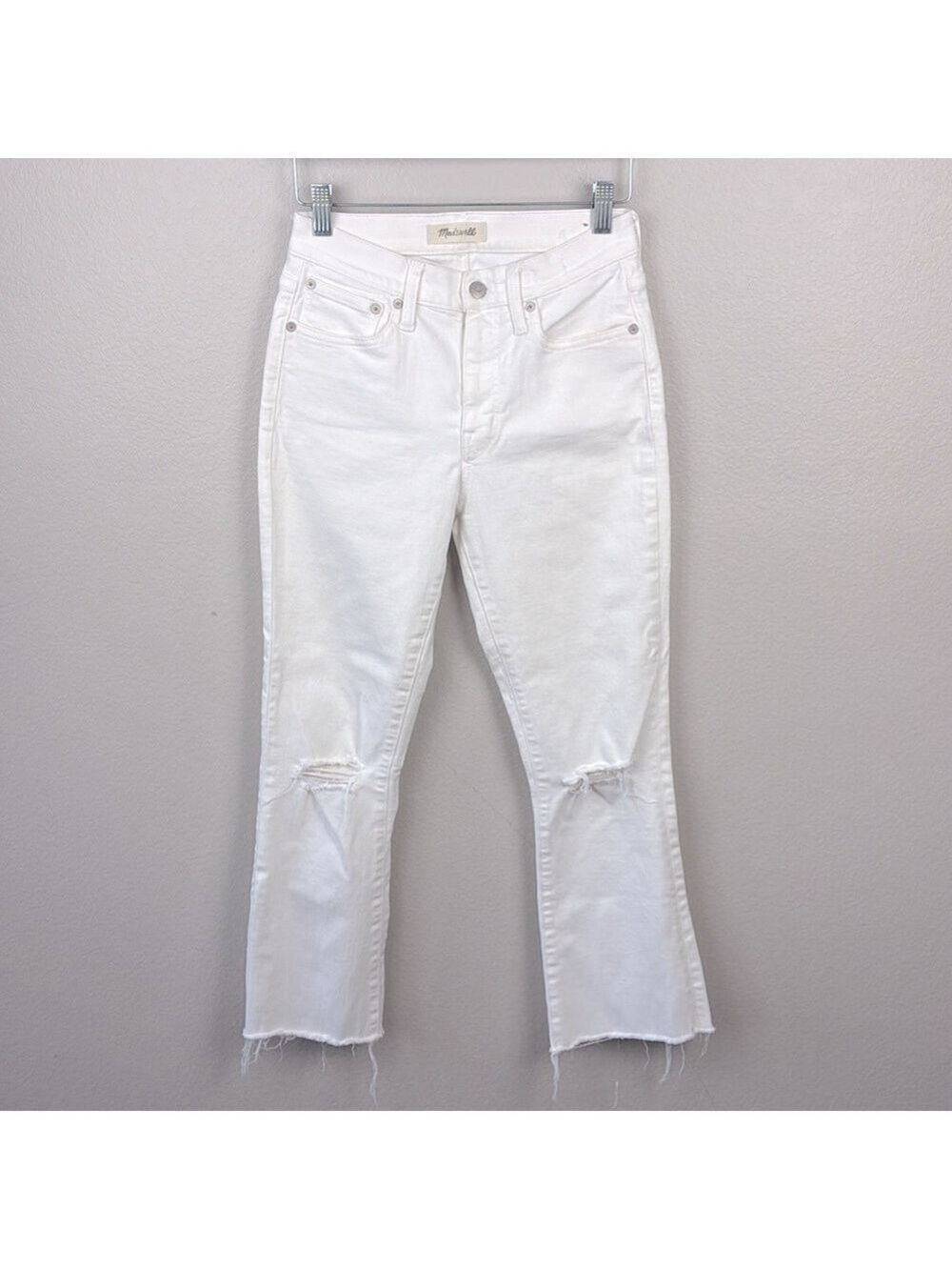 Madewell Cali Demi-Boot Jean Pure White Raw-Hem Distressed Stretch Denim 26